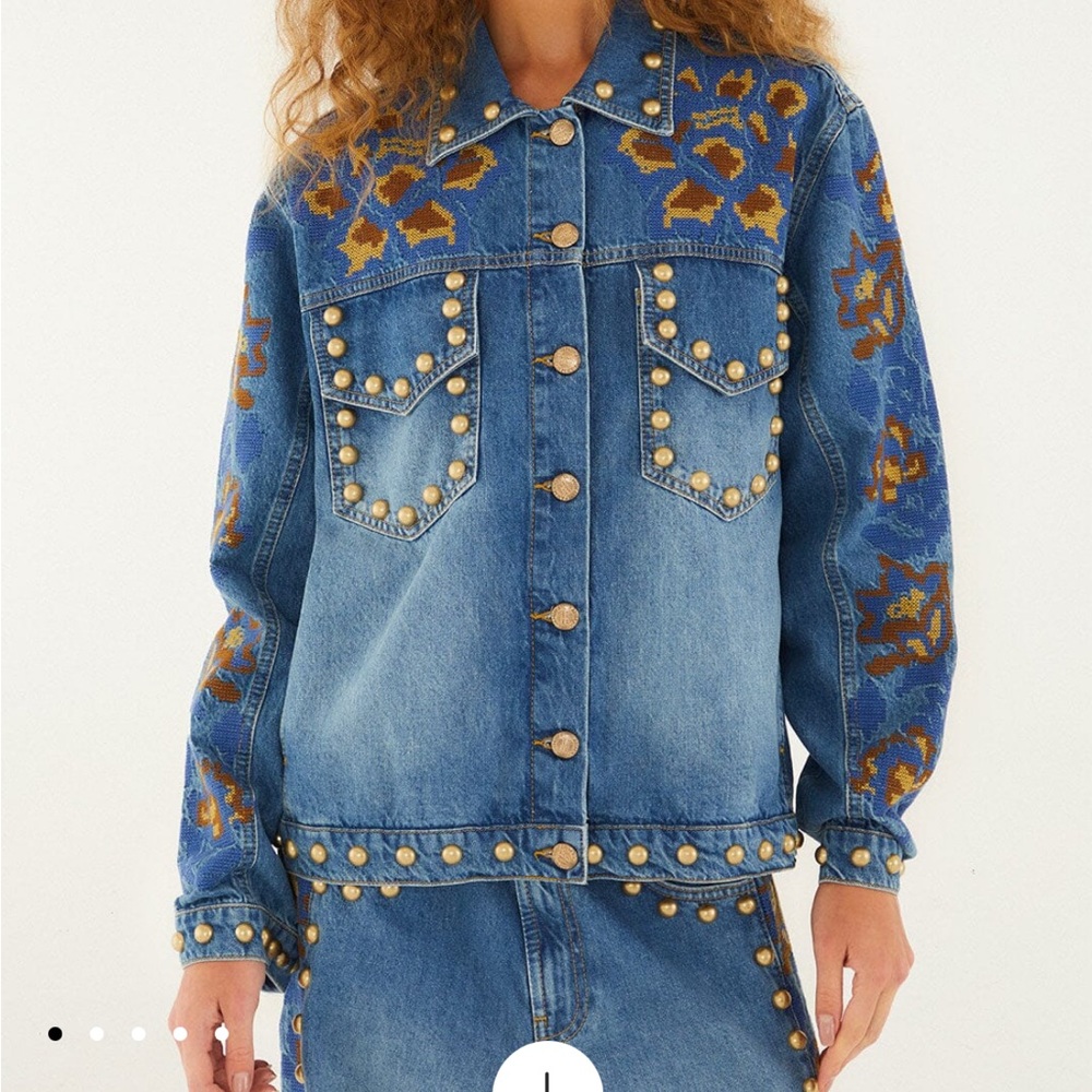 FARM Rio Blue Denim Jacket with Gold studs and flower embroidery